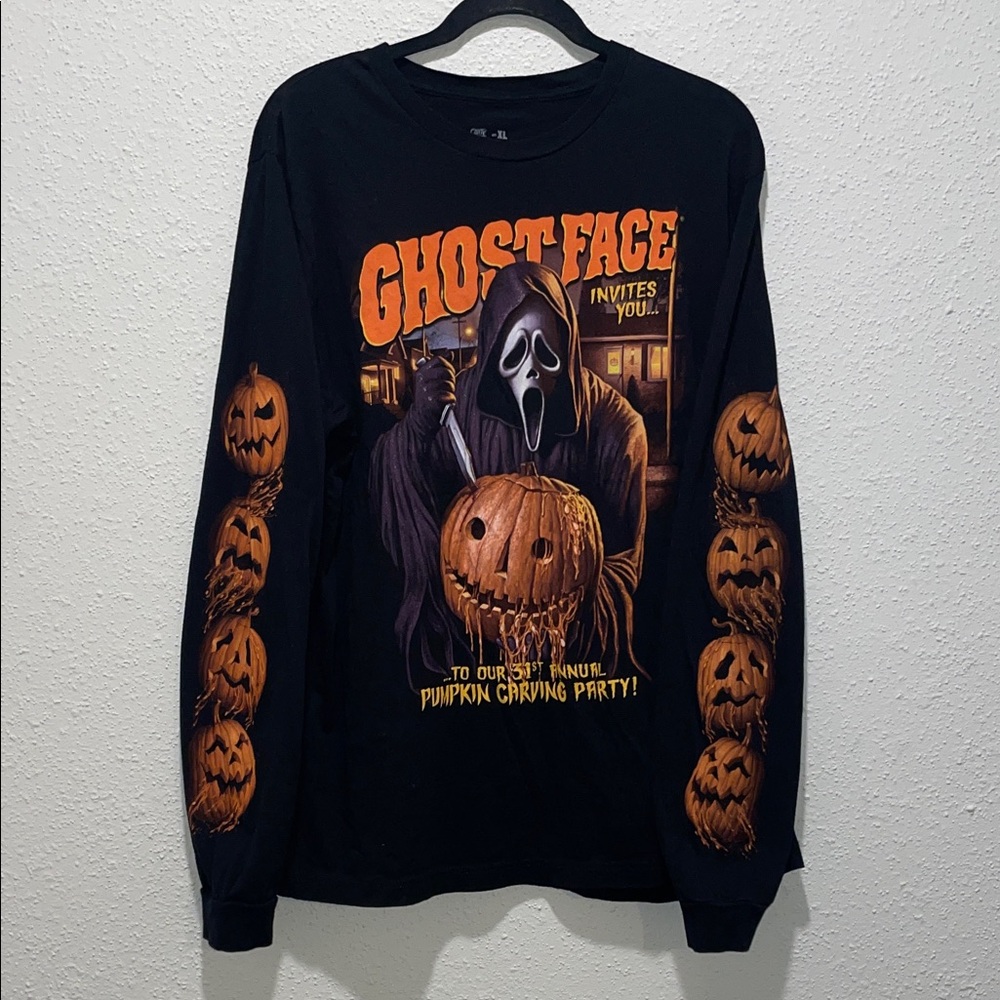 Ghost Face Halloween Long Sleeve Tee - Black and Orange
